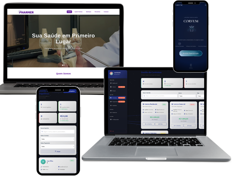 Mockup de dispositivos mostrando sites desenvolvidos pela Aurius